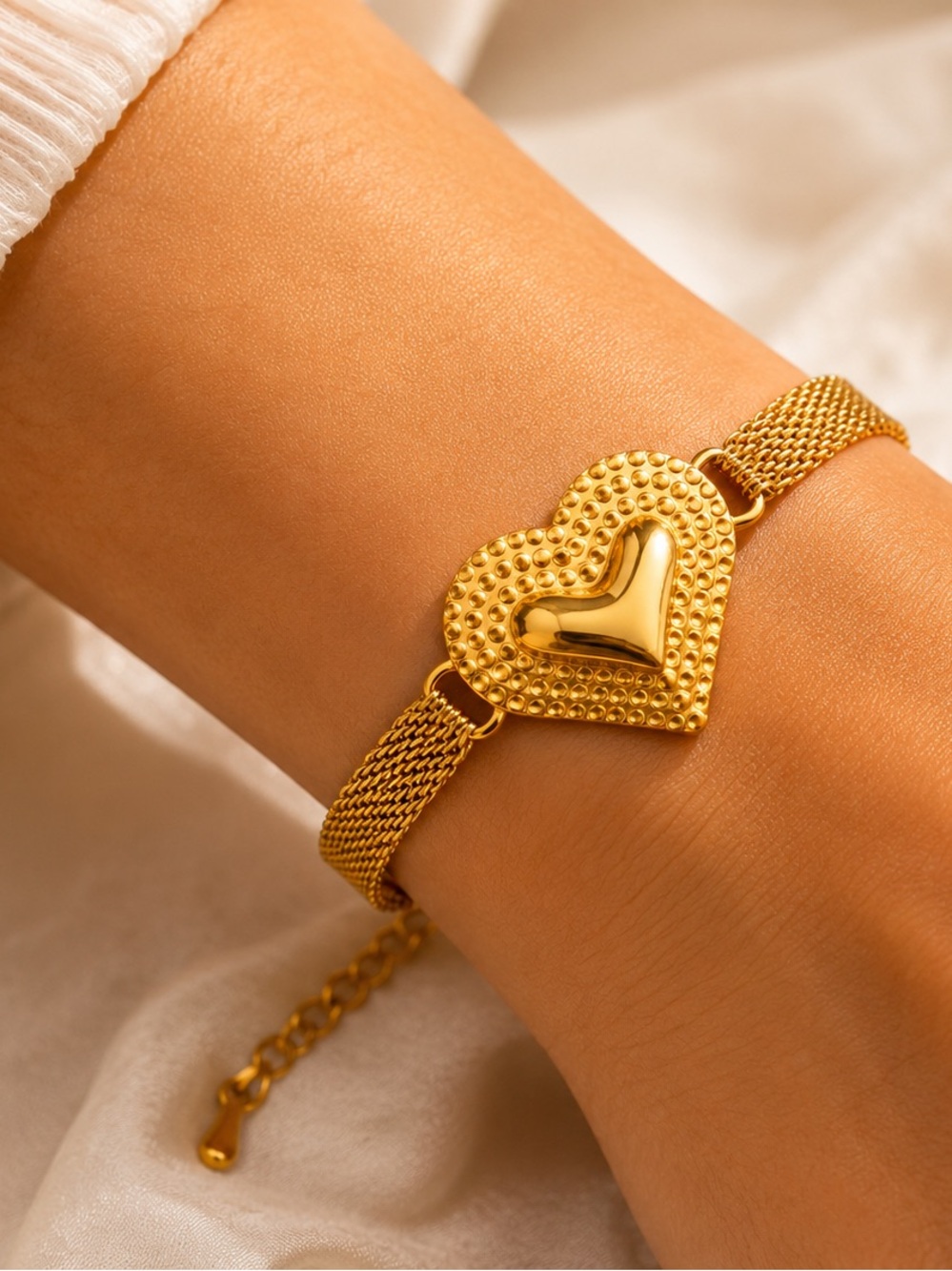 18K Gold Plated Heart Mesh Bracelet Waterproof Stainless Steel Adjustable